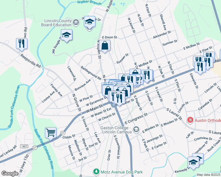 map of restaurants, bars, coffee shops, grocery stores, and more near 119 East Pine Street in Lincolnton