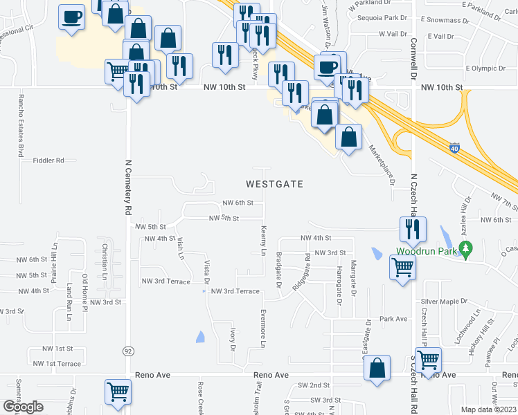 map of restaurants, bars, coffee shops, grocery stores, and more near 12600 Northwest 6th Street in Yukon