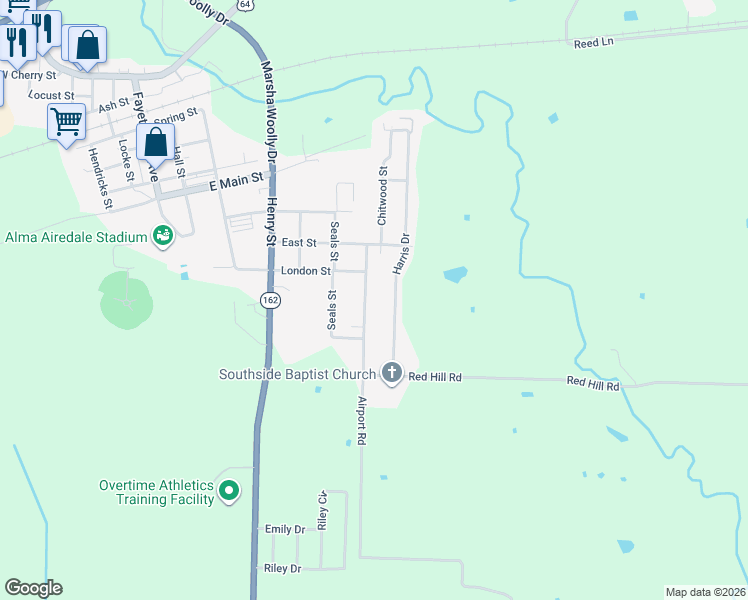 map of restaurants, bars, coffee shops, grocery stores, and more near 1210 Airport Road in Alma
