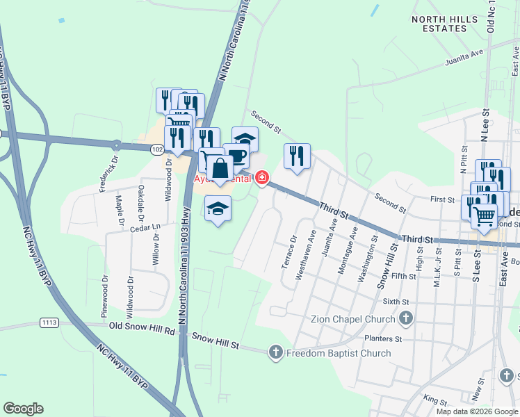 map of restaurants, bars, coffee shops, grocery stores, and more near 206 West 3rd Street in Ayden