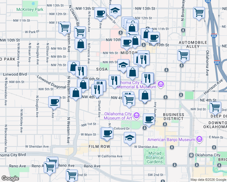 map of restaurants, bars, coffee shops, grocery stores, and more near 627 Northwest 5th Street in Oklahoma City
