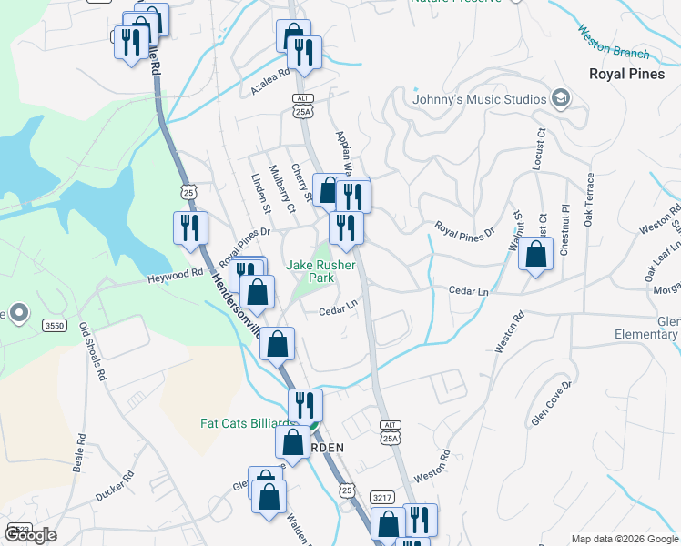map of restaurants, bars, coffee shops, grocery stores, and more near 145 Peachtree Street in Arden