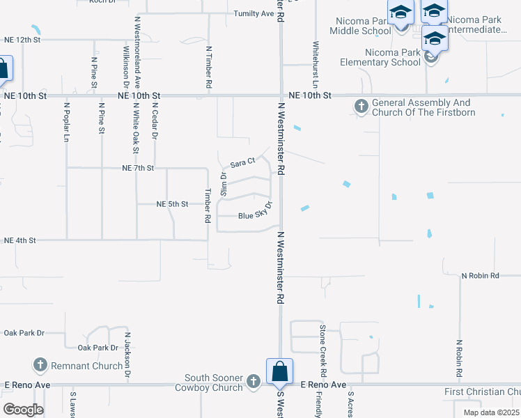 map of restaurants, bars, coffee shops, grocery stores, and more near 10919 Blue Sky Drive in Oklahoma City