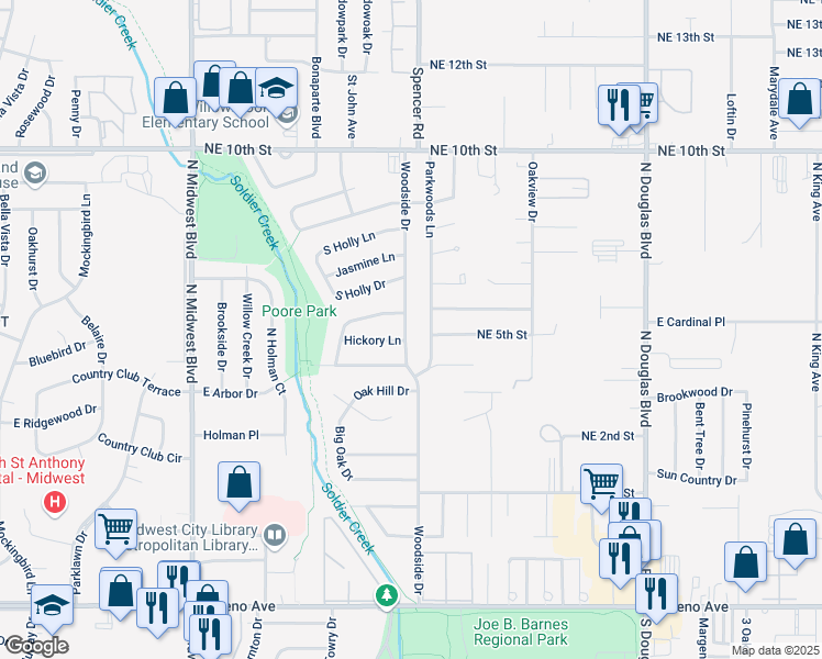 map of restaurants, bars, coffee shops, grocery stores, and more near 3508 Woodside Drive in Midwest City