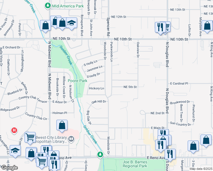 map of restaurants, bars, coffee shops, grocery stores, and more near 3600 Woodside Drive in Midwest City