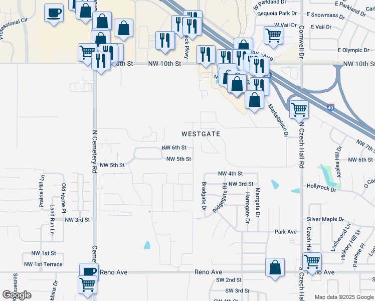 map of restaurants, bars, coffee shops, grocery stores, and more near 12601 Northwest 6th Street in Yukon