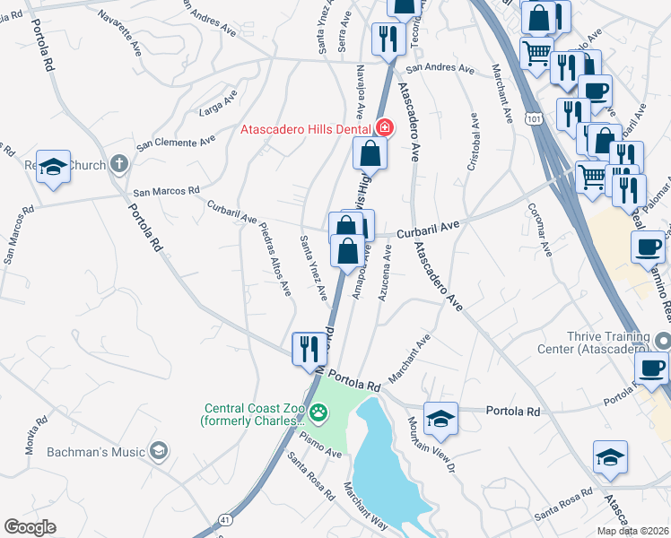 map of restaurants, bars, coffee shops, grocery stores, and more near 8060 Morro Road in Atascadero