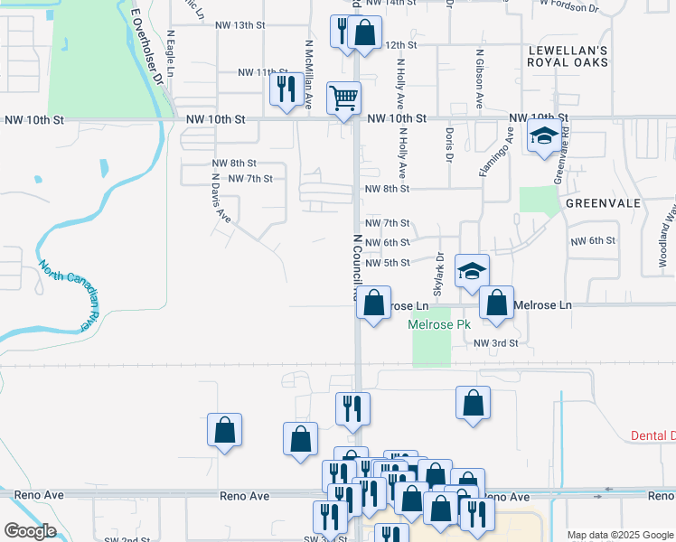 map of restaurants, bars, coffee shops, grocery stores, and more near 529 North Council Road in Oklahoma City