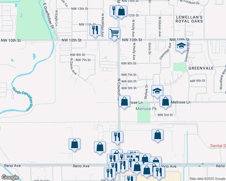 map of restaurants, bars, coffee shops, grocery stores, and more near 531 North Council Road in Oklahoma City