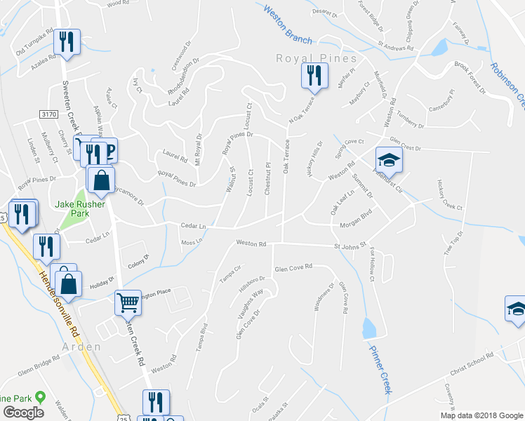 map of restaurants, bars, coffee shops, grocery stores, and more near 194 Chestnut Place in Arden