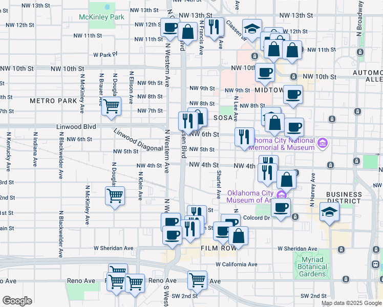 map of restaurants, bars, coffee shops, grocery stores, and more near 929 Northwest 5th Street in Oklahoma City