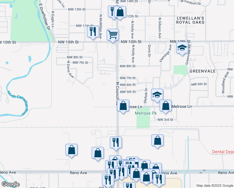 map of restaurants, bars, coffee shops, grocery stores, and more near 541 North Council Road in Oklahoma City