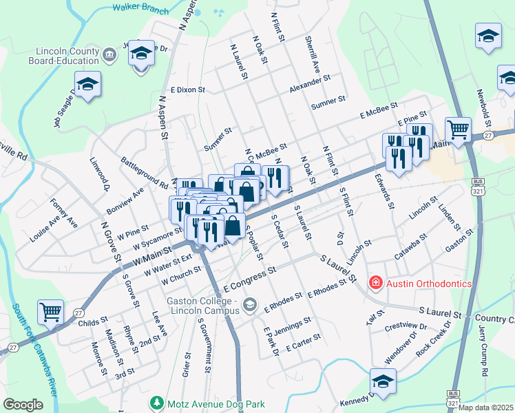 map of restaurants, bars, coffee shops, grocery stores, and more near 329 East Main Street in Lincolnton