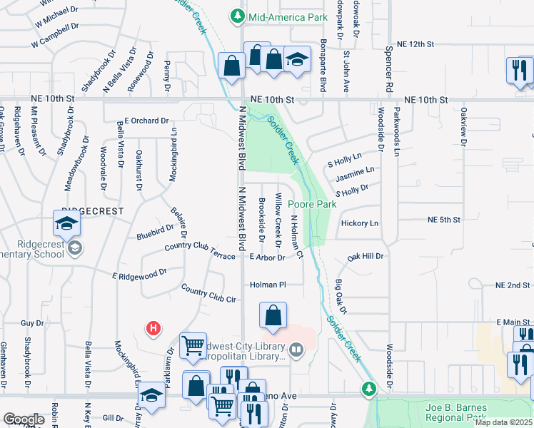 map of restaurants, bars, coffee shops, grocery stores, and more near 3416 Brookside Drive in Midwest City