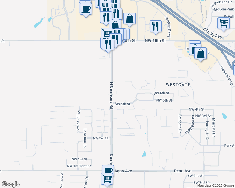 map of restaurants, bars, coffee shops, grocery stores, and more near 609 Celtic Circle in Yukon