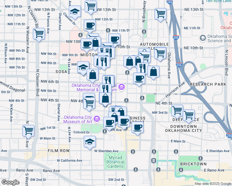 map of restaurants, bars, coffee shops, grocery stores, and more near N Harvey Ave & NW 5th St in Oklahoma City
