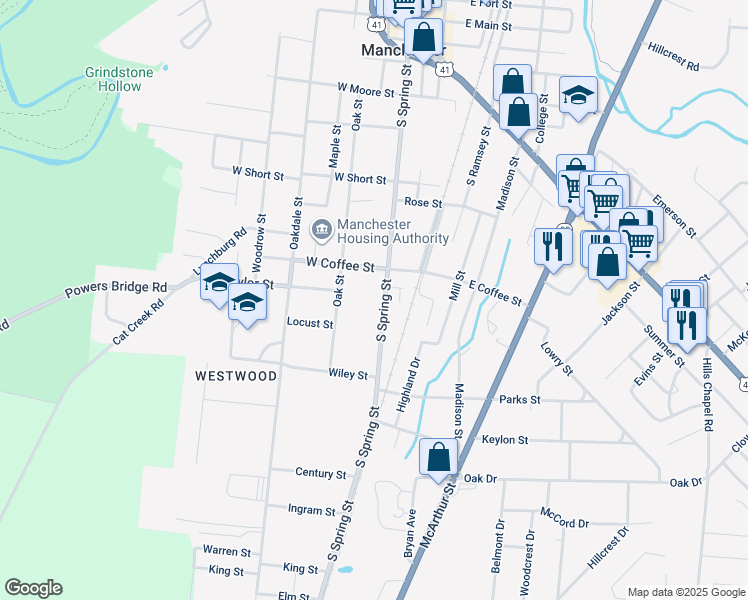 map of restaurants, bars, coffee shops, grocery stores, and more near 810 South Spring Street in Manchester