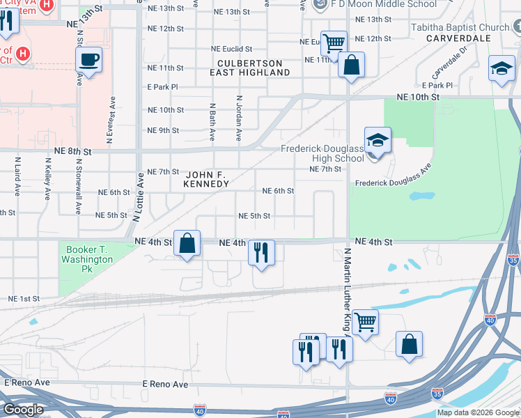 map of restaurants, bars, coffee shops, grocery stores, and more near 612 North Kelham Avenue in Oklahoma City