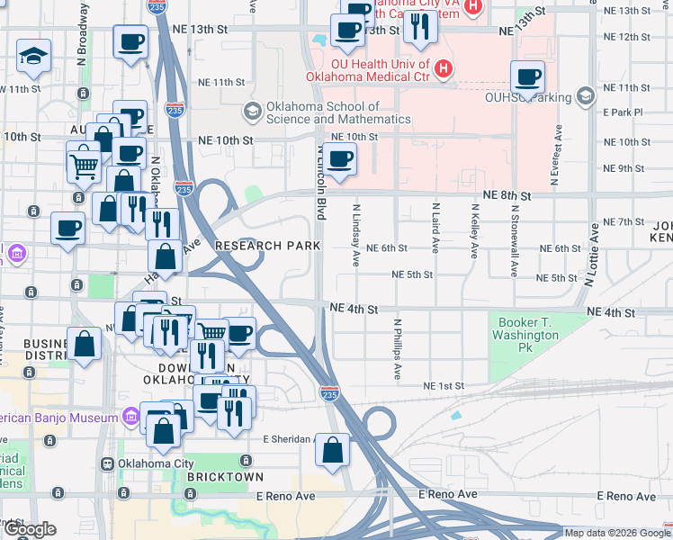 map of restaurants, bars, coffee shops, grocery stores, and more near 626 Northeast 6th Street in Oklahoma City