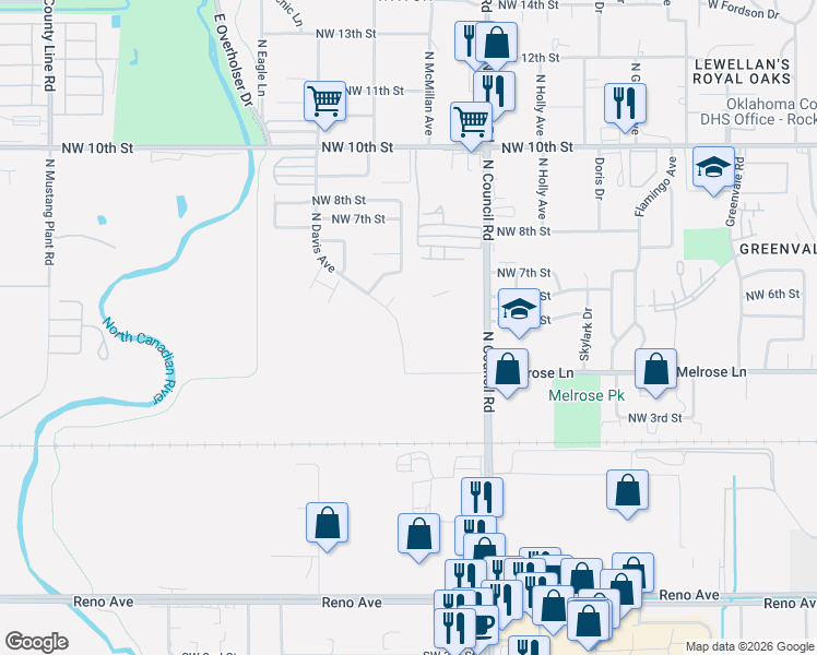 map of restaurants, bars, coffee shops, grocery stores, and more near 516 North Davis Avenue in Oklahoma City