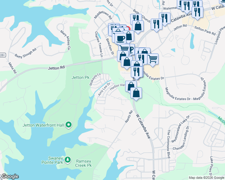 map of restaurants, bars, coffee shops, grocery stores, and more near 20268 Amy Lee Drive in Cornelius