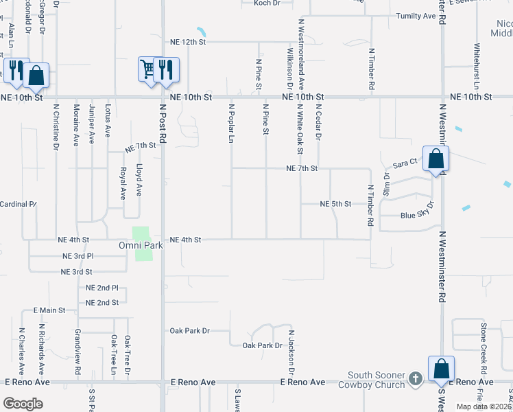 map of restaurants, bars, coffee shops, grocery stores, and more near 711 North Pine Street in Midwest City