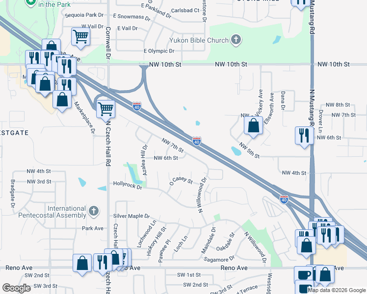 map of restaurants, bars, coffee shops, grocery stores, and more near 11845 Northwest 7th Street in Yukon
