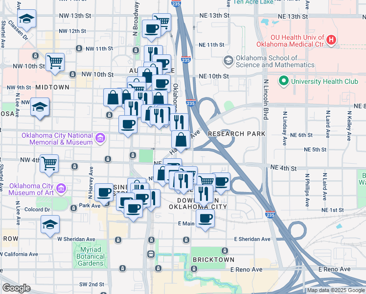 map of restaurants, bars, coffee shops, grocery stores, and more near 126 Harrison Avenue in Oklahoma City