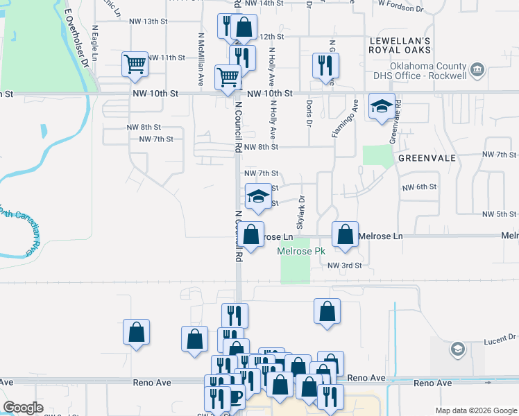 map of restaurants, bars, coffee shops, grocery stores, and more near 7821 Northwest 5th Street in Oklahoma City