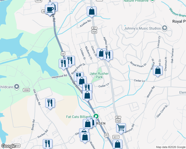 map of restaurants, bars, coffee shops, grocery stores, and more near 143 Linden Street in Arden
