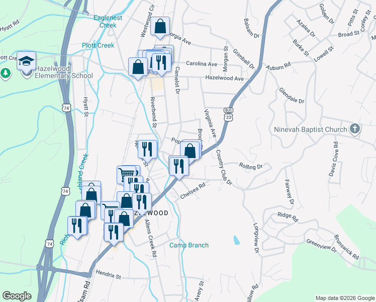 map of restaurants, bars, coffee shops, grocery stores, and more near 89 Poplar Street in Waynesville
