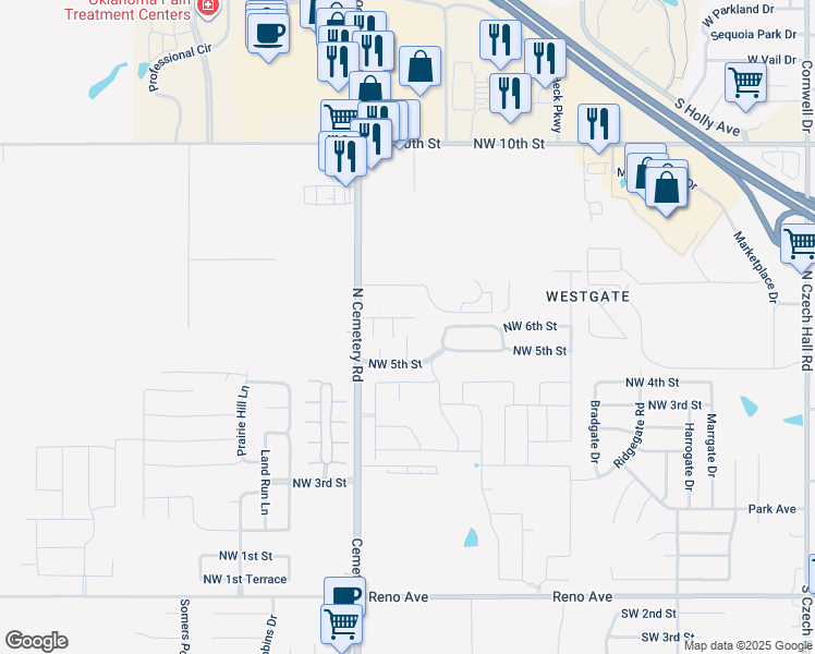 map of restaurants, bars, coffee shops, grocery stores, and more near 625 Shamrock Circle in Yukon