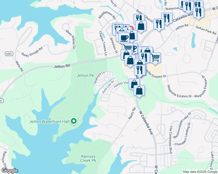 map of restaurants, bars, coffee shops, grocery stores, and more near 20230 Amy Lee Drive in Cornelius