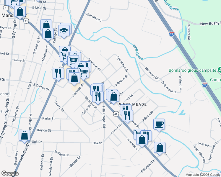 map of restaurants, bars, coffee shops, grocery stores, and more near 600 Johnson Street in Manchester