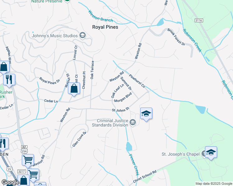 map of restaurants, bars, coffee shops, grocery stores, and more near 13 Oak Leaf Lane in Arden