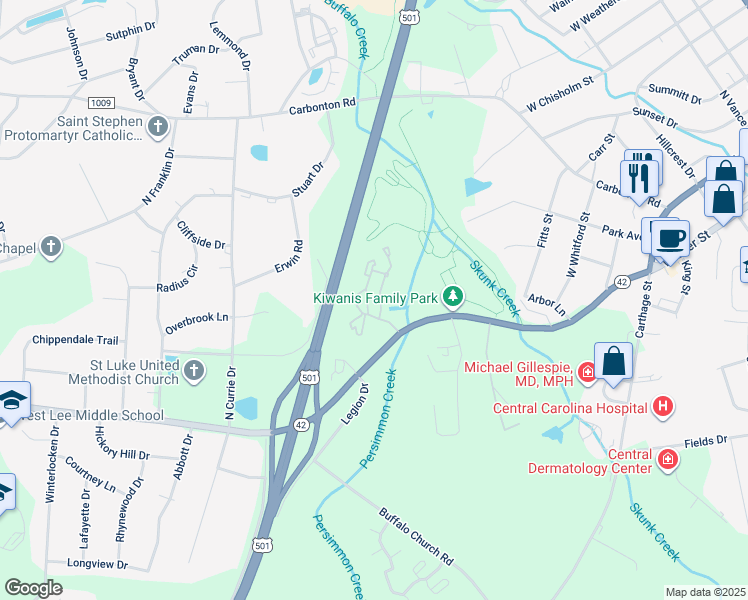 map of restaurants, bars, coffee shops, grocery stores, and more near 206 High Ridge Drive in Sanford