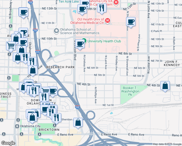 map of restaurants, bars, coffee shops, grocery stores, and more near 716 Northeast 6th Street in Oklahoma City