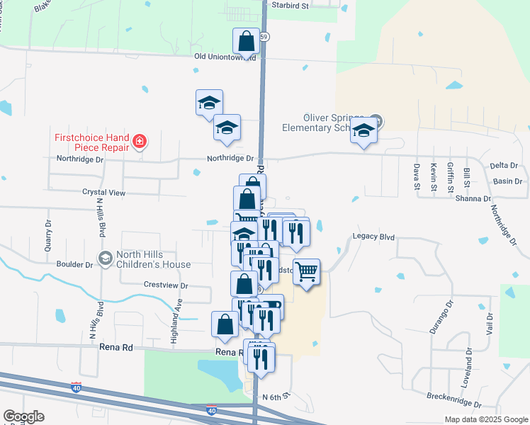 map of restaurants, bars, coffee shops, grocery stores, and more near 2424 Fayetteville Road in Van Buren