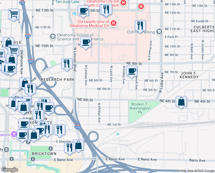 map of restaurants, bars, coffee shops, grocery stores, and more near 900 Northeast 6th Street in Oklahoma City