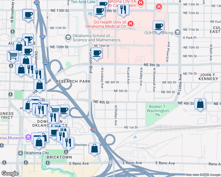 map of restaurants, bars, coffee shops, grocery stores, and more near 716 Northeast 6th Street in Oklahoma City
