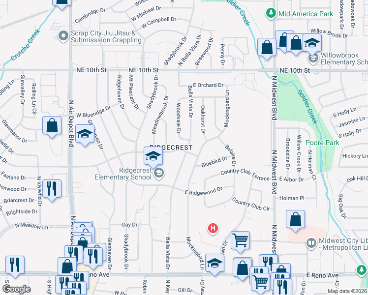 map of restaurants, bars, coffee shops, grocery stores, and more near 3405 Woodvale Drive in Midwest City