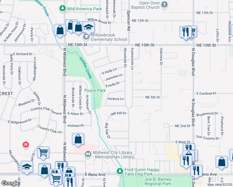map of restaurants, bars, coffee shops, grocery stores, and more near 1040 Sycamore Drive in Midwest City