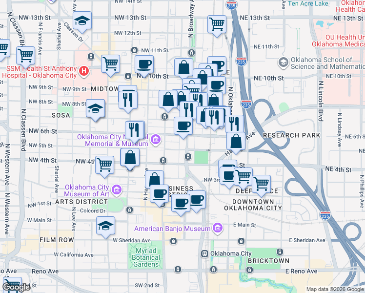 map of restaurants, bars, coffee shops, grocery stores, and more near 601 North Broadway Avenue in Oklahoma City