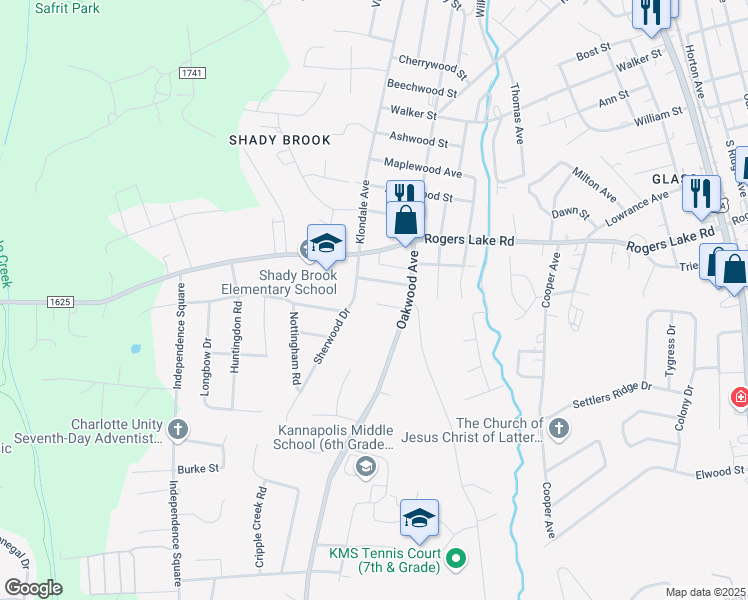 map of restaurants, bars, coffee shops, grocery stores, and more near 837 Robinhood Lane in Kannapolis
