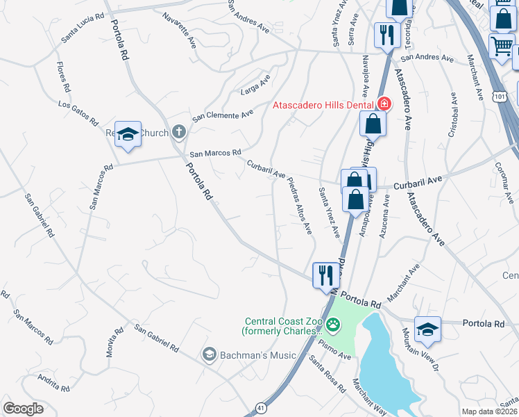 map of restaurants, bars, coffee shops, grocery stores, and more near 8362 Carmelita Avenue in Atascadero