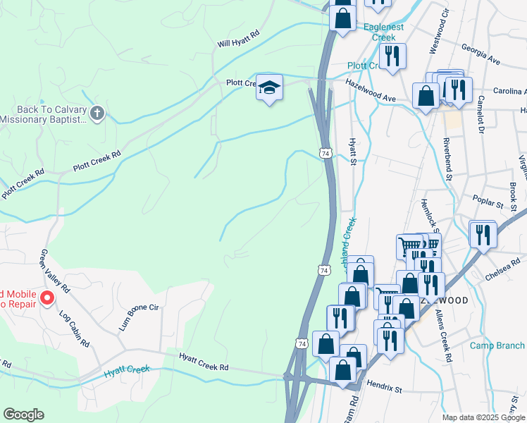 map of restaurants, bars, coffee shops, grocery stores, and more near in Waynesville