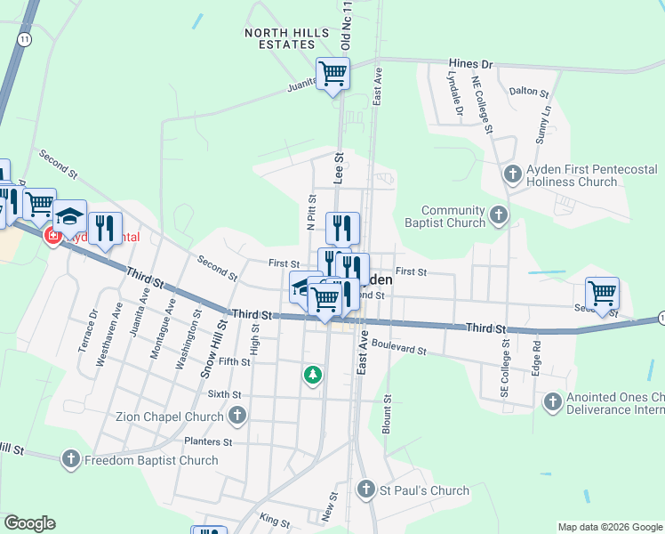 map of restaurants, bars, coffee shops, grocery stores, and more near 4196 South Lee Street in Ayden