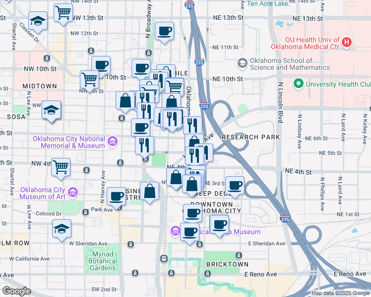 map of restaurants, bars, coffee shops, grocery stores, and more near 621 North Oklahoma Avenue in Oklahoma City