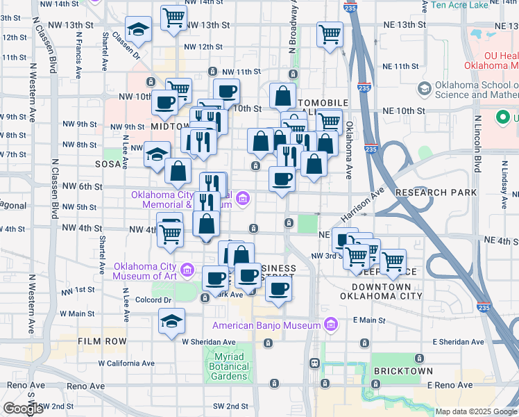 map of restaurants, bars, coffee shops, grocery stores, and more near 621 North Robinson Avenue in Oklahoma City