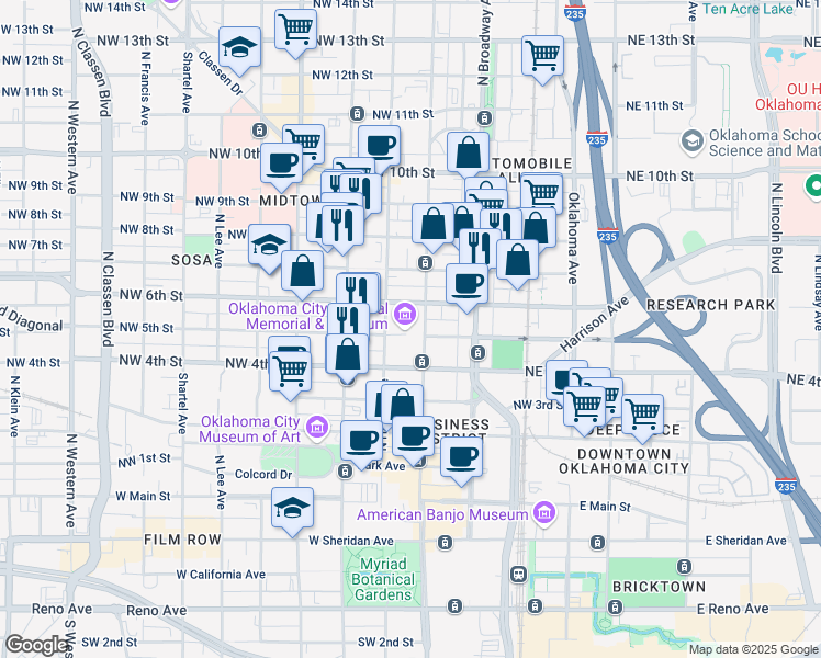 map of restaurants, bars, coffee shops, grocery stores, and more near 621 North Robinson Avenue in Oklahoma City